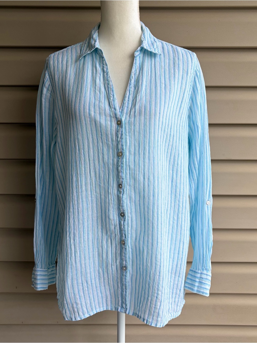 •C&C California• 100% Linen Aqua/Mint Stripe Shirt - Size Large